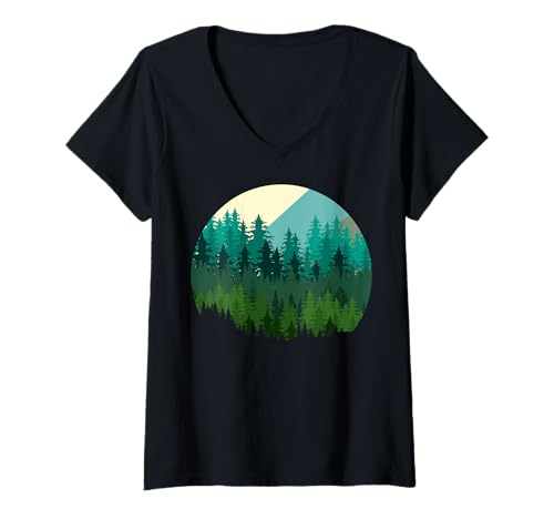 Damen Landschaftsdesign, Berge, Natur, Bäume und Wald T-Shirt mit V-Ausschnitt von Sun reflection, Outdoor Wildlife and Forest Gifts
