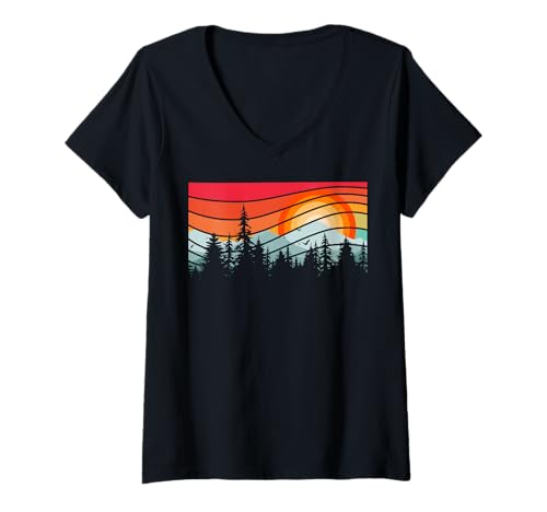 Damen Landschaftsdesign, Berge, Natur, Bäume und Wald T-Shirt mit V-Ausschnitt von Sun reflection, Outdoor Wildlife and Forest Gifts
