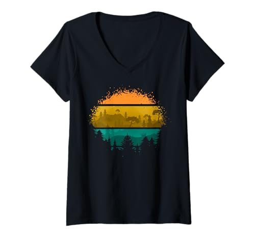 Damen Landschaftsdesign, Berge, Natur, Bäume und Wald T-Shirt mit V-Ausschnitt von Sun reflection, Outdoor Wildlife and Forest Gifts