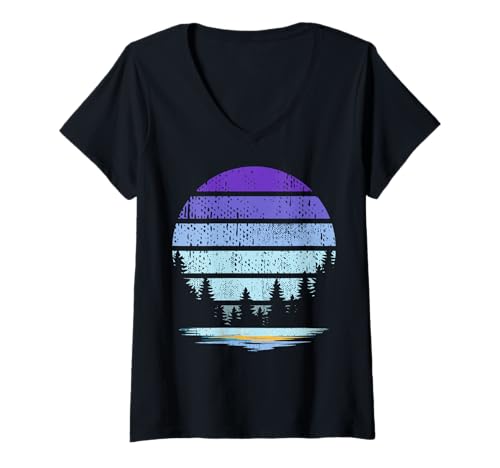 Damen Landschaftsdesign, Berge, Natur, Bäume und Wald T-Shirt mit V-Ausschnitt von Sun reflection, Outdoor Wildlife and Forest Gifts