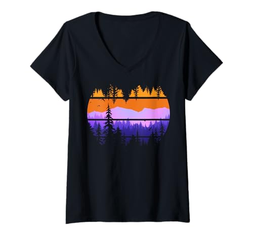 Damen Landschaftsdesign, Berge, Natur, Bäume und Wald T-Shirt mit V-Ausschnitt von Sun reflection, Outdoor Wildlife and Forest Gifts