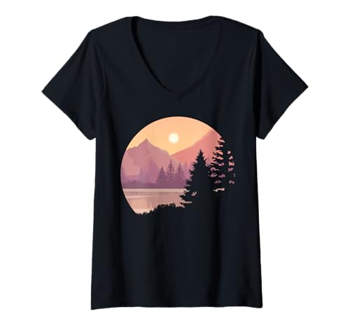 Damen Landschaftsdesign, Berge, Natur, Bäume und Wald T-Shirt mit V-Ausschnitt von Sun reflection, Outdoor Wildlife and Forest Gifts