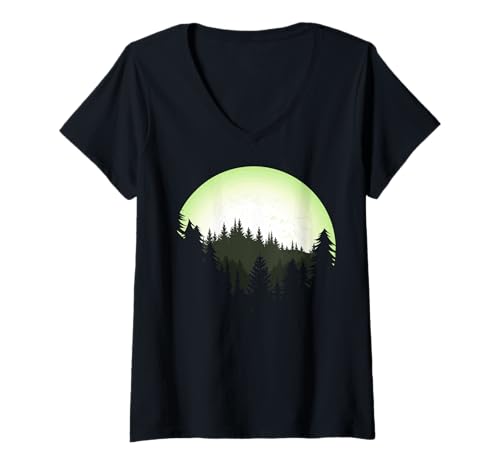 Damen Landschaftsdesign, Berge, Natur, Bäume und Wald T-Shirt mit V-Ausschnitt von Sun reflection, Outdoor Wildlife and Forest Gifts