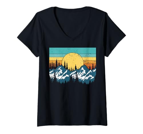 Damen Landschaftsdesign, Berge, Natur, Bäume und Wald T-Shirt mit V-Ausschnitt von Sun reflection, Outdoor Wildlife and Forest Gifts