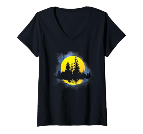 Damen Landschaftsdesign, Berge, Natur, Bäume und Wald T-Shirt mit V-Ausschnitt von Sun reflection, Outdoor Wildlife and Forest Gifts