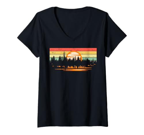 Damen Landschaftsdesign, Berge, Natur, Bäume und Wald T-Shirt mit V-Ausschnitt von Sun reflection, Outdoor Wildlife and Forest Gifts