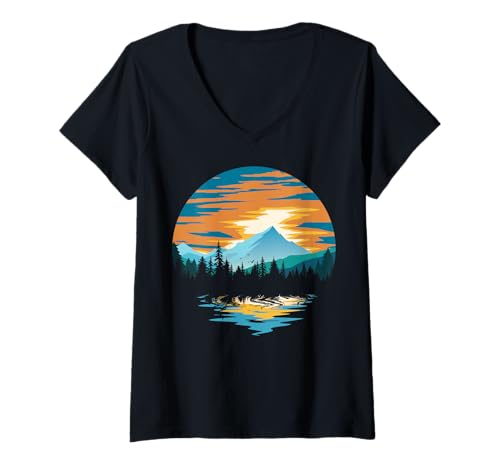 Damen Landschaftsdesign, Berge, Natur, Bäume und Wald T-Shirt mit V-Ausschnitt von Sun reflection, Outdoor Wildlife and Forest Gifts