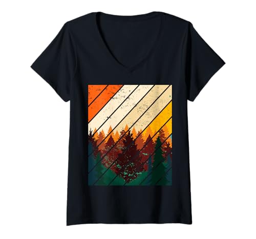 Damen Landschaftsdesign, Berge, Natur, Bäume und Wald T-Shirt mit V-Ausschnitt von Sun reflection, Outdoor Wildlife and Forest Gifts