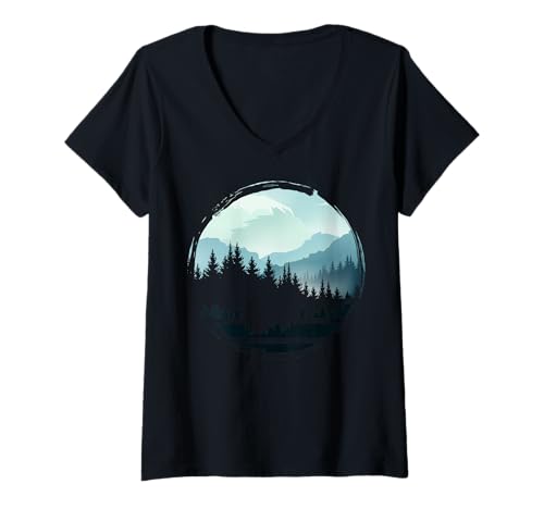 Damen Landschaftsdesign, Berge, Natur, Bäume und Wald T-Shirt mit V-Ausschnitt von Sun reflection, Outdoor Wildlife and Forest Gifts