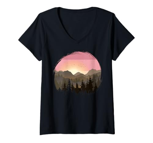 Damen Landschaftsdesign, Berge, Natur, Bäume und Wald T-Shirt mit V-Ausschnitt von Sun reflection, Outdoor Wildlife and Forest Gifts