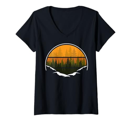 Damen Landschaftsdesign, Berge, Natur, Bäume und Wald T-Shirt mit V-Ausschnitt von Sun reflection, Outdoor Wildlife and Forest Gifts