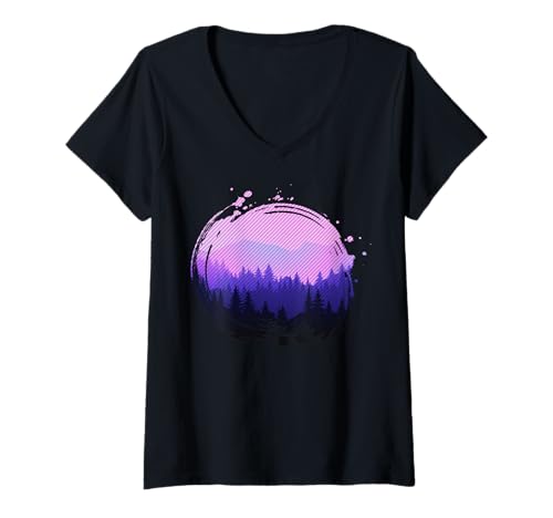Damen Landschaftsdesign, Berge, Natur, Bäume und Wald T-Shirt mit V-Ausschnitt von Sun reflection, Outdoor Wildlife and Forest Gifts
