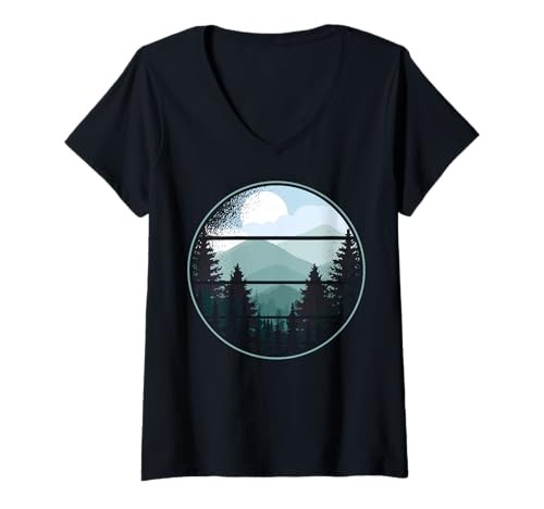 Damen Landschaftsdesign, Berge, Natur, Bäume und Wald T-Shirt mit V-Ausschnitt von Sun reflection, Outdoor Wildlife and Forest Gifts