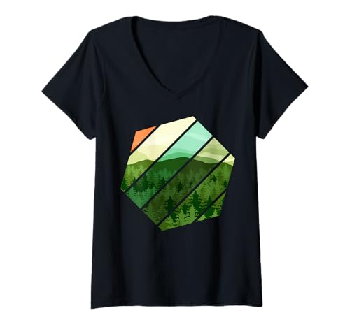 Damen Landschaftsdesign, Berge, Natur, Bäume und Wald T-Shirt mit V-Ausschnitt von Sun reflection, Outdoor Wildlife and Forest Gifts