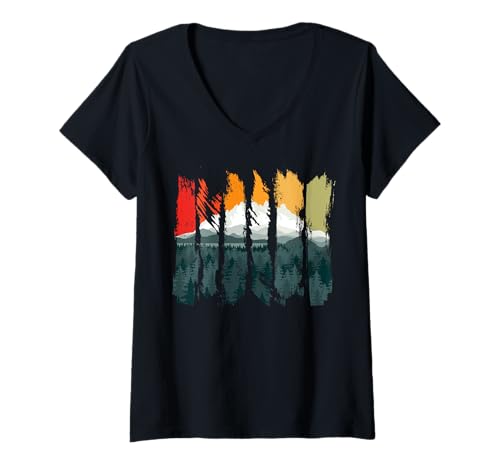 Damen Landschaftsdesign, Berge, Natur, Bäume und Wald T-Shirt mit V-Ausschnitt von Sun reflection, Outdoor Wildlife and Forest Gifts