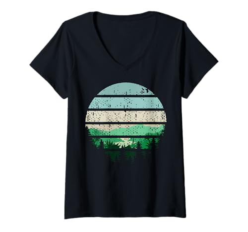 Damen Landschaftsdesign, Berge, Natur, Bäume und Wald T-Shirt mit V-Ausschnitt von Sun reflection, Outdoor Wildlife and Forest Gifts
