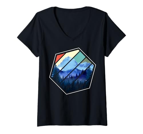 Damen Landschaftsdesign, Berge, Natur, Bäume und Wald T-Shirt mit V-Ausschnitt von Sun reflection, Outdoor Wildlife and Forest Gifts