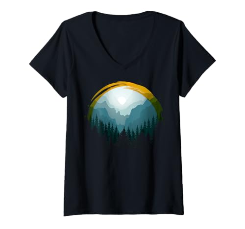 Damen Landschaftsdesign, Berge, Natur, Bäume und Wald T-Shirt mit V-Ausschnitt von Sun reflection, Outdoor Wildlife and Forest Gifts