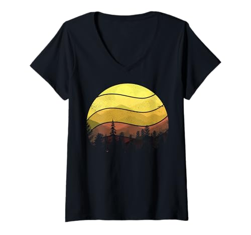 Damen Landschaftsdesign, Berge, Natur, Bäume und Wald T-Shirt mit V-Ausschnitt von Sun reflection, Outdoor Wildlife and Forest Gifts