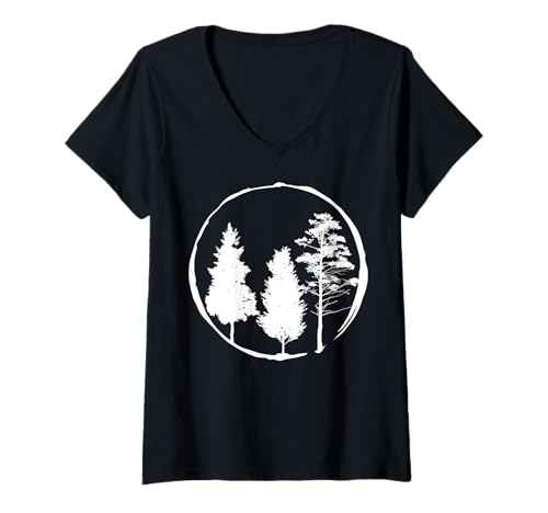 Damen Landschaftsdesign, Berge, Natur, Bäume und Wald T-Shirt mit V-Ausschnitt von Sun reflection, Outdoor Wildlife and Forest Gifts
