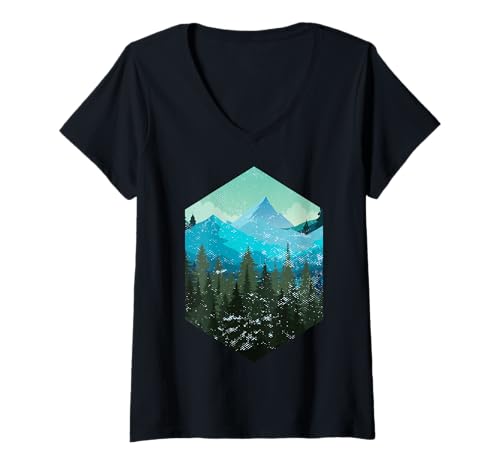 Damen Landschaftsdesign, Berge, Natur, Bäume und Wald T-Shirt mit V-Ausschnitt von Sun reflection, Outdoor Wildlife and Forest Gifts