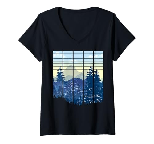 Damen Landschaftsdesign, Berge, Natur, Bäume und Wald T-Shirt mit V-Ausschnitt von Sun reflection, Outdoor Wildlife and Forest Gifts