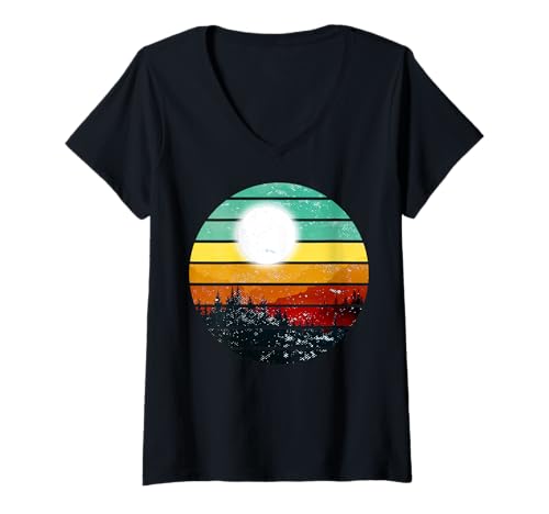 Damen Landschaftsdesign, Berge, Natur, Bäume und Wald T-Shirt mit V-Ausschnitt von Sun reflection, Outdoor Wildlife and Forest Gifts
