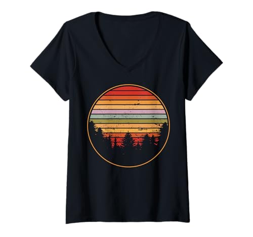 Damen Landschaftsdesign, Berge, Natur, Bäume und Wald T-Shirt mit V-Ausschnitt von Sun reflection, Outdoor Wildlife and Forest Gifts
