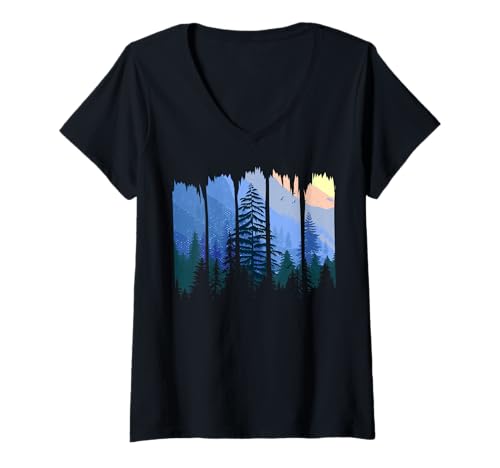 Damen Landschaftsdesign, Berge, Natur, Bäume und Wald T-Shirt mit V-Ausschnitt von Sun reflection, Outdoor Wildlife and Forest Gifts