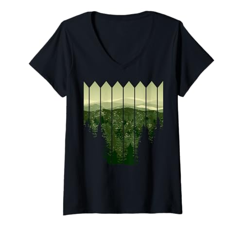 Damen Landschaftsdesign, Berge, Natur, Bäume und Wald T-Shirt mit V-Ausschnitt von Sun reflection, Outdoor Wildlife and Forest Gifts