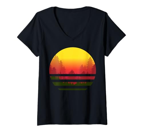 Damen Landschaftsdesign, Berge, Natur, Bäume und Wald T-Shirt mit V-Ausschnitt von Sun reflection, Outdoor Wildlife and Forest Gifts