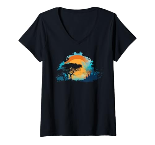 Damen Landschaftsdesign, Berge, Natur, Bäume und Wald T-Shirt mit V-Ausschnitt von Sun reflection, Outdoor Wildlife and Forest Gifts