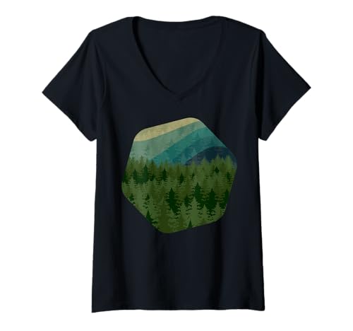 Damen Landschaftsdesign, Berge, Natur, Bäume und Wald T-Shirt mit V-Ausschnitt von Sun reflection, Outdoor Wildlife and Forest Gifts