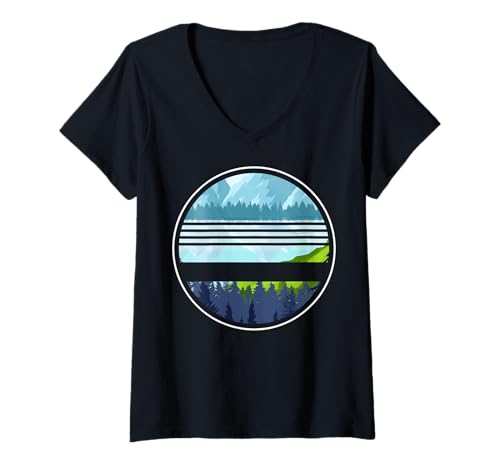 Damen Landschaftsdesign, Berge, Natur, Bäume und Wald T-Shirt mit V-Ausschnitt von Sun reflection, Outdoor Wildlife and Forest Gifts