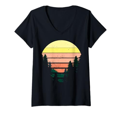 Damen Landschaftsdesign, Berge, Natur, Bäume und Wald T-Shirt mit V-Ausschnitt von Sun reflection, Outdoor Wildlife and Forest Gifts