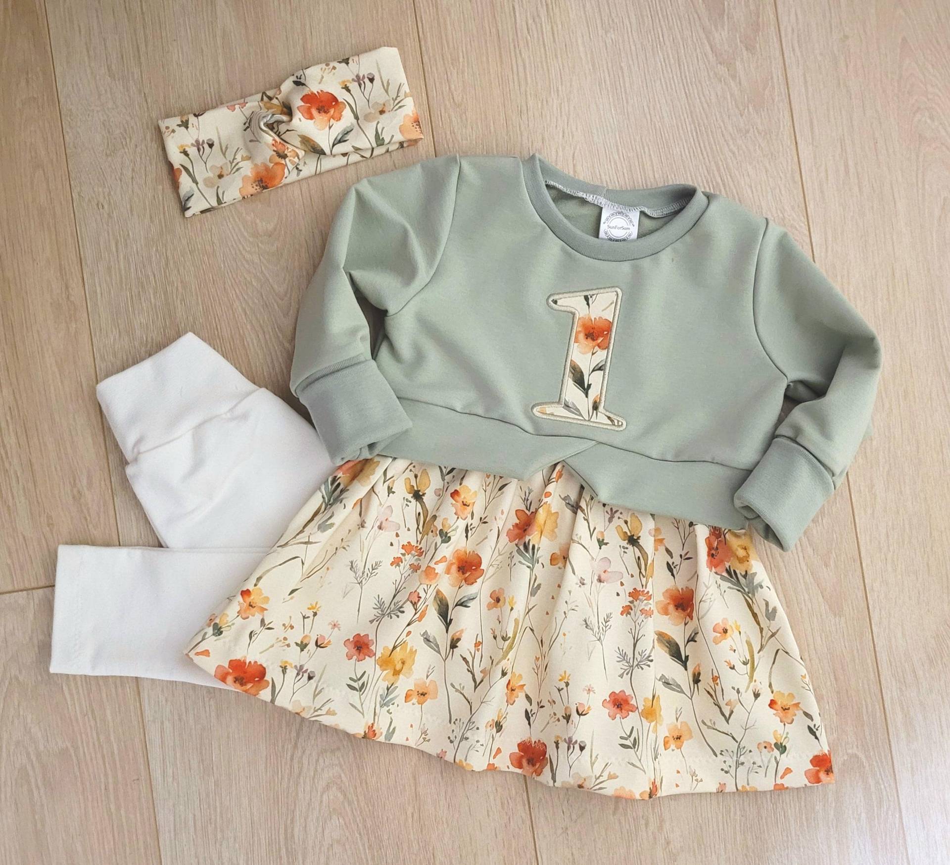 Geburtstagskleid, Geburtstagsoutfit, Outfit 1. Geburtstag, Kleid Mit Geburtstagszahl, Blumen, Weiß, Mintgrün, Mädchen von SunForSam