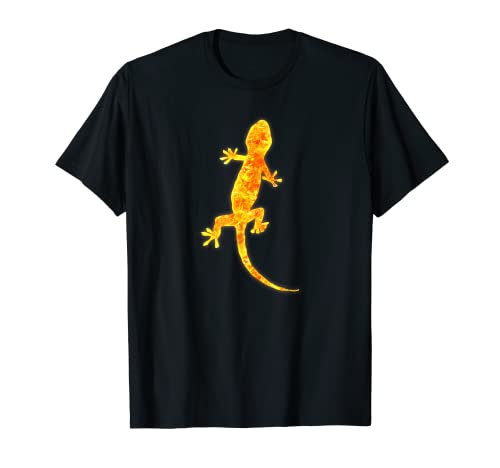 SunFrot Lizard Gecko Reptil Feuer Flammen brennen T-Shirt Schwarz Klein U-Ausschnitt Kurzarm Klassische Passform Unisex Erwachsene Männer Cartoon-Fans von SunFrot