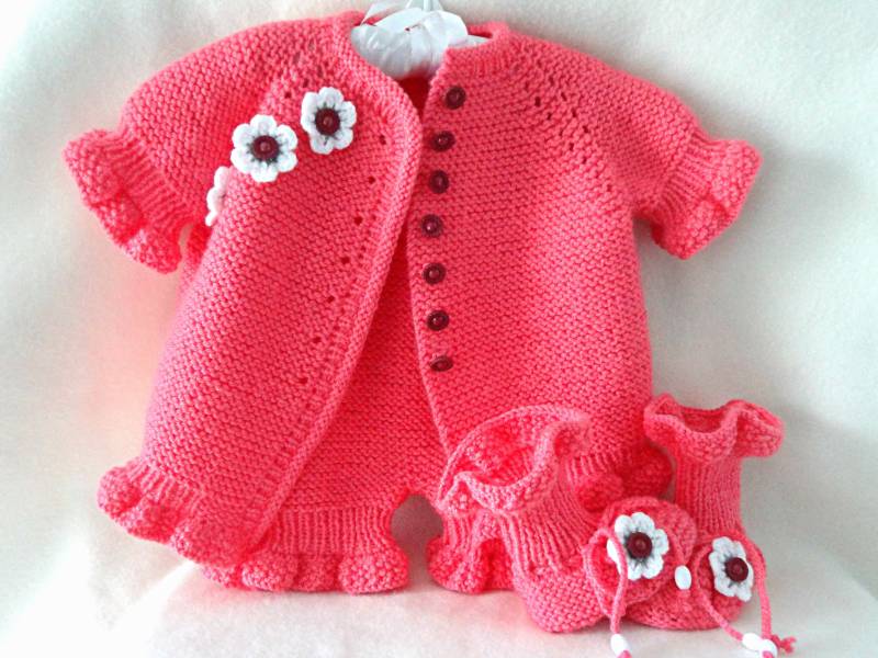 Baby Mädchen Outfit 6 - 12 Monate Strickjacke Babyhose Gehäkelte Babyschuhe Pullover von SunMartin