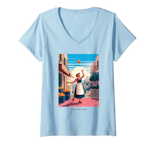 Damen Orange Frau Sonne Italien Markt Freude Energie Zitrusfrüchte T-Shirt mit V-Ausschnitt Damen Orange Frau Sonne Italien Markt Freude Energie Zitrusfrüchte T-Shirt mit V-Ausschnitt von SunPeel