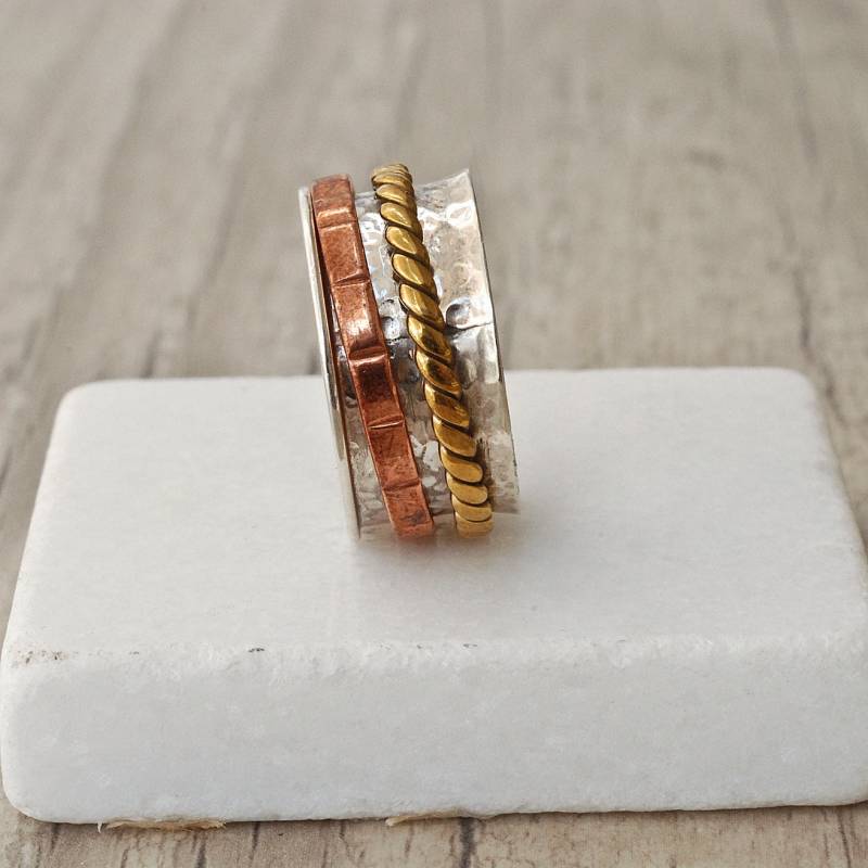 Breiter Band Unisex Sterling Silber Ring Mit Messing & Kupfer Spinner Bands von SunSanJewelry