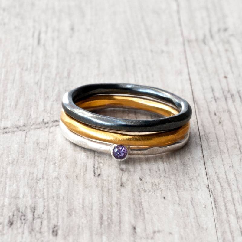 stacking Ring Set Aus 925Er Silber Vergoldete & Schwarz Oxidierte Bänder von SunSanJewelry