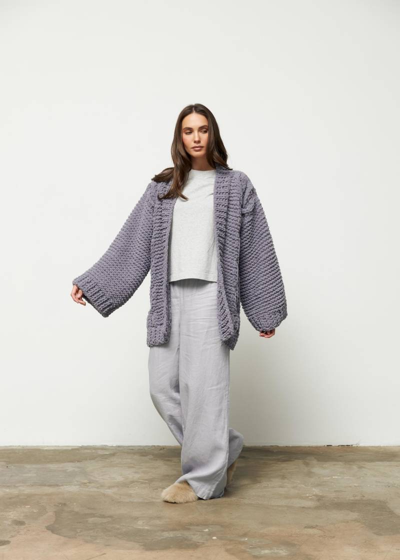 Kimono-strickjacke Mit Zopfmuster, Übergroßer, Vorne Offener Häkelpullover, Handgestrickter Duster von SunWKnitwear