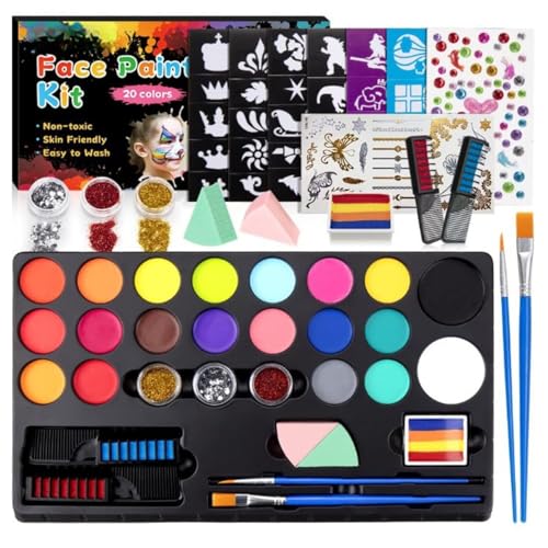 Gesichtsbemalungsset, 20 Farben Gesichtsfarbe Make-up-Set mit Pinseln und Schablonen, ungiftige Gesichtsfarbe Körperfarbe für Kinder, Erwachsene, Halloween, Karneval von SunaOmni
