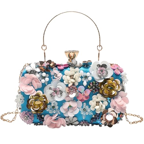 Bunte Blume Kupplung Geldbörse für Frauen Formale Abendtasche Perlen Geldbörse für Hochzeit Prom Party Handtaschen (blau,Einheitsgröße) von Suncadmious