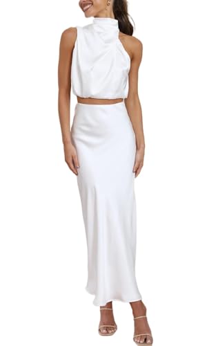 Damen 2 Stück Satin Outfits Sommer ärmellos Mock Neck Crop Tops und Langen Rock Kleid Sets (weiß,XL) von Suncadmious