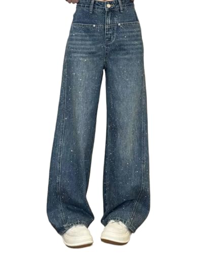 Damen Frühling Casual Strass Loose Haren Jeans Vintage High Waisted Denim Wide Leg Pants High Waisted Strass Straight Wide Leg Shiny Jeans (Blau,L) von Suncadmious