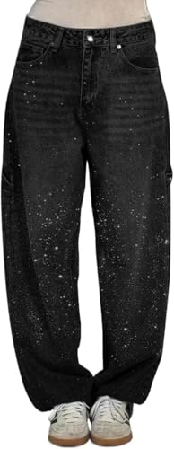 Damen Frühling Casual Strass Loose Haren Jeans Vintage High Waisted Denim Wide Leg Pants High Waisted Strass Straight Wide Leg Shiny Jeans (Schwarz,XL) von Suncadmious