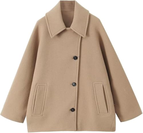 Damen Herbst Eleganter Einreihiger Peacoat Warmer Geknöpfter Reversmantel Mit Taschen Mode Street Style Kurze Tweedjacke Cape Ärmel Mantel (Kamel,M) von Suncadmious