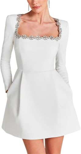 Suncadmious Damen Herbst und Winter Elegantes Minikleid mit quadratischem Ausschnitt U-Ausschnitt, Strass-Kleid Langarm Cocktailkleid A-Linie leger Business formelle Kleider (Weiß 3,M) von Suncadmious