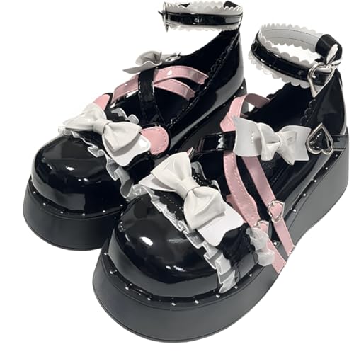 Damen Kawaii Runde Zehe Lolita Plattform Schuhe Niedlich Rosa Riemchen Weiß Schleife Spitze Rand Mary Jane Plattform Schuhe Süße Absätze (Schwarz,36) von Suncadmious